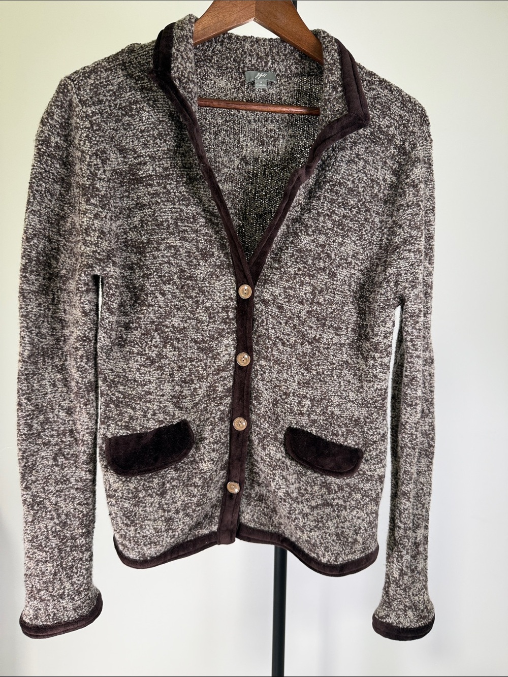 J.Jill Merino Wool Velvet Trim Marled Cardigan Sweater Brown Cream | Size S
